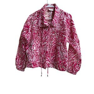 Chicos Linen Blend Cropped Jacket Pink White Animal Print Zip Women O ( small)
